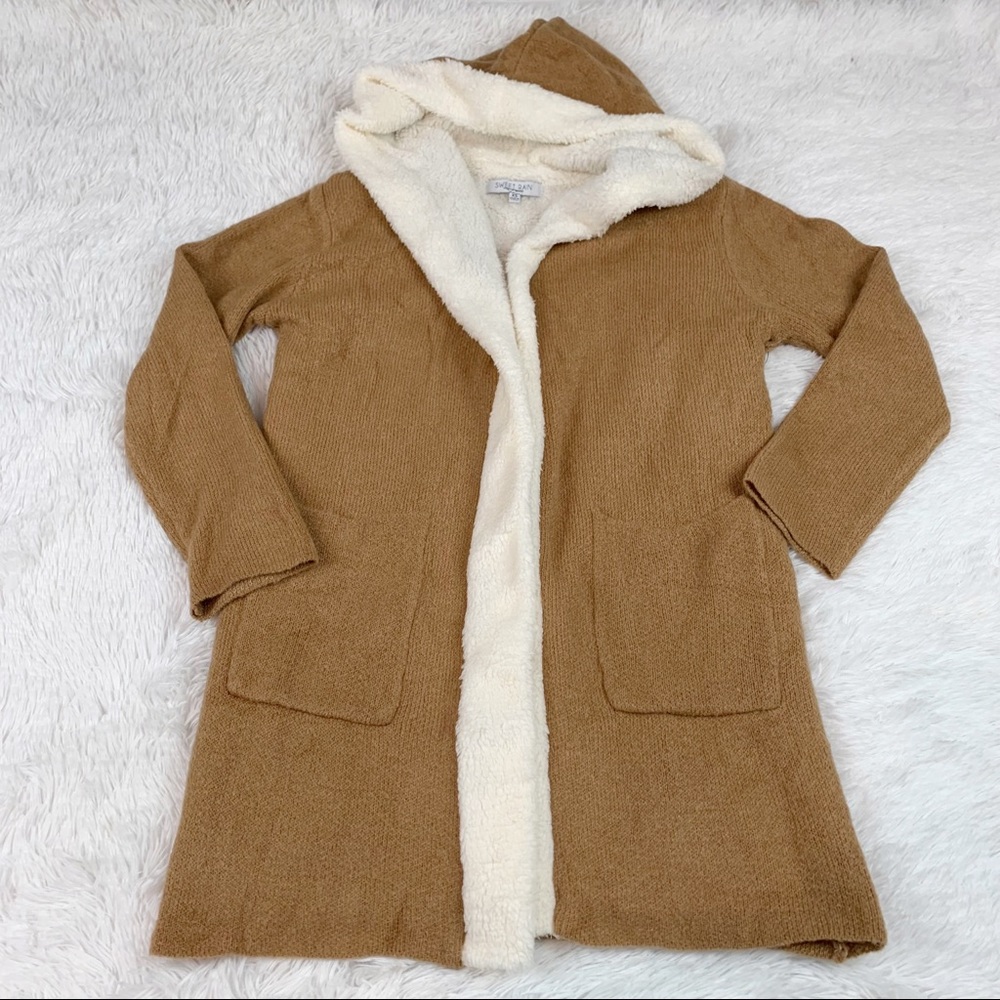 Sweet Rain faux fur open cardigan hooded front‎ pockets long sleeves